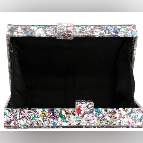 Abstract Silver Confetti Hard Case Clutch Bag Box Purse Crossbody Chain Multi - Picture 8 of 11